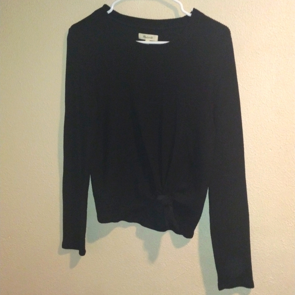 Madewell Black Ribbed Textured Tie Waist Cotton Blend Top M